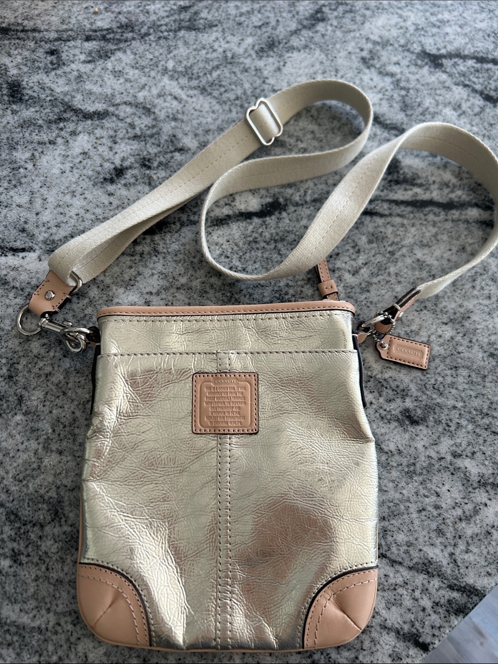 Coach Metallic Cream Crossbody with Tan Trim and Adjustable Strap